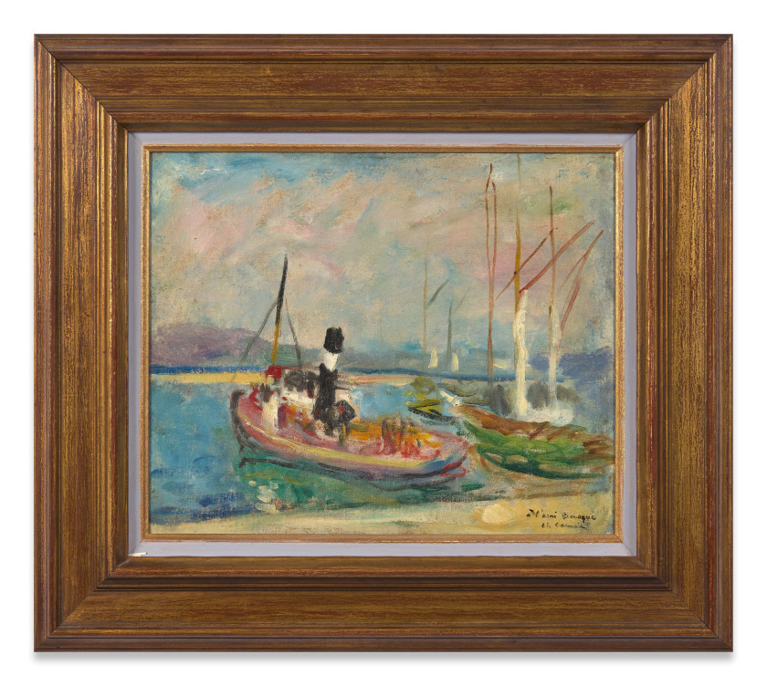 Charles CAMOIN 1879 - 1965 Bateaux ou Remorqueur et voilier dans le port de Saint-Tropez - circa 1928 Huile sur carton toilé