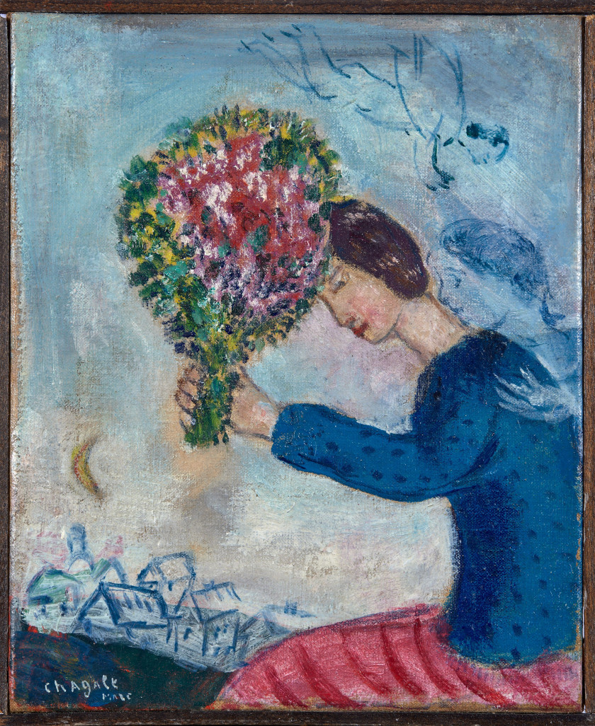 Marc CHAGALL 1887 - 1985 Jeune femme au bouquet de fleurs - 1928 Huile sur toile