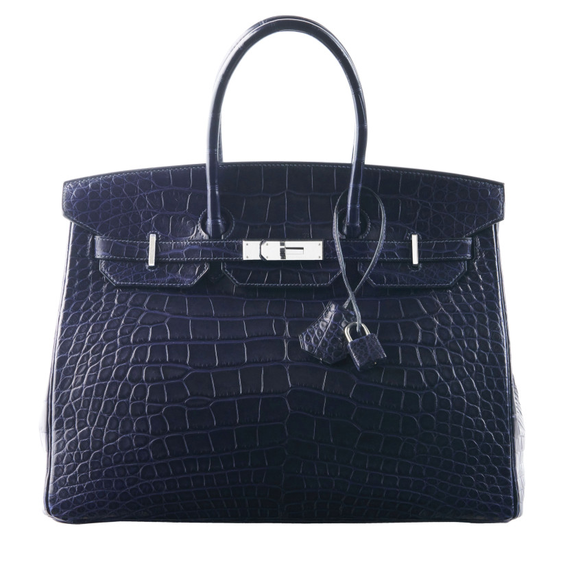 HERMÈS 2014  Sac BIRKIN 35 Alligator mat Bleu Indigo (Alligator mississippiensis) II/B Garniture métal argenté palladié...