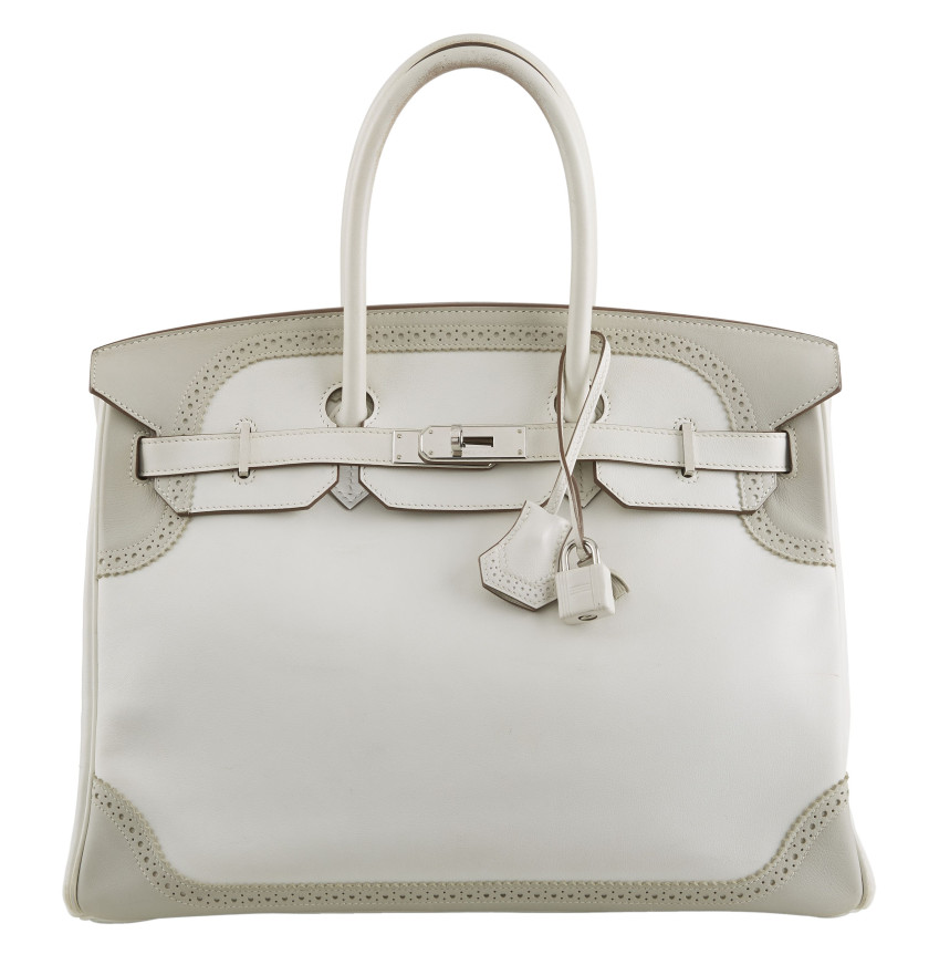 HERMÈS Édition Limitée 2013  Sac BIRKIN GHILLIES 35 Veau Swift blanc et Gris Perle Garniture métal argenté palladié R...