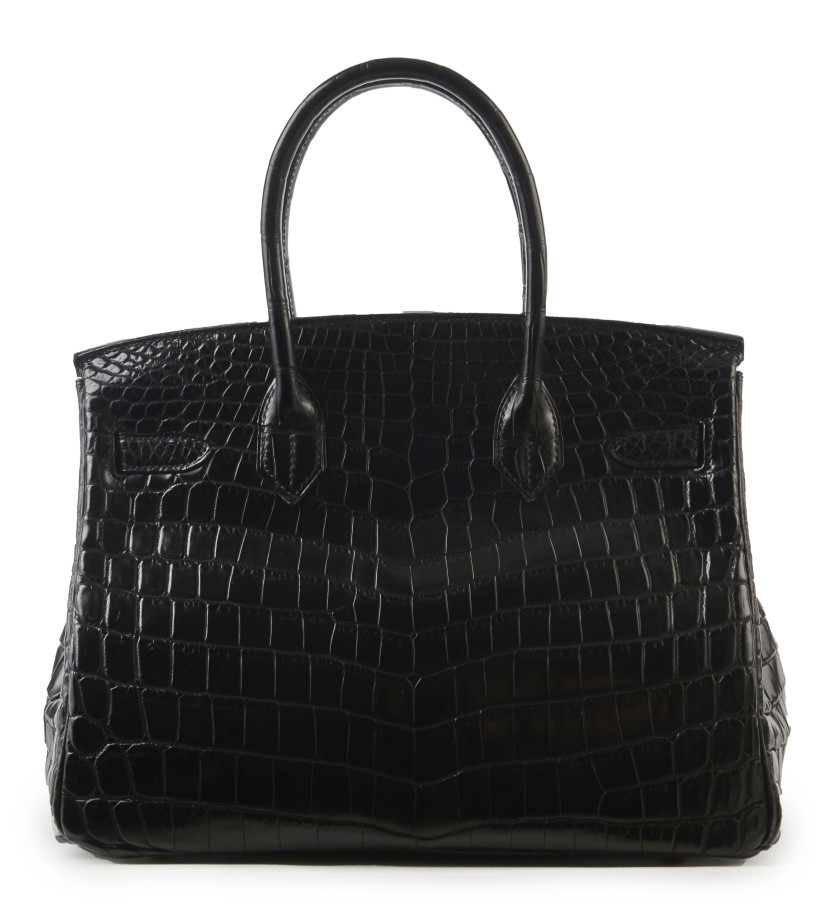 HERMÈS Sac BIRKIN 30 Crocodile d'estuaire mat noir (Crocodylus porosus) II/B Garniture métal plaqué or  BIRKIN 30 bag ...