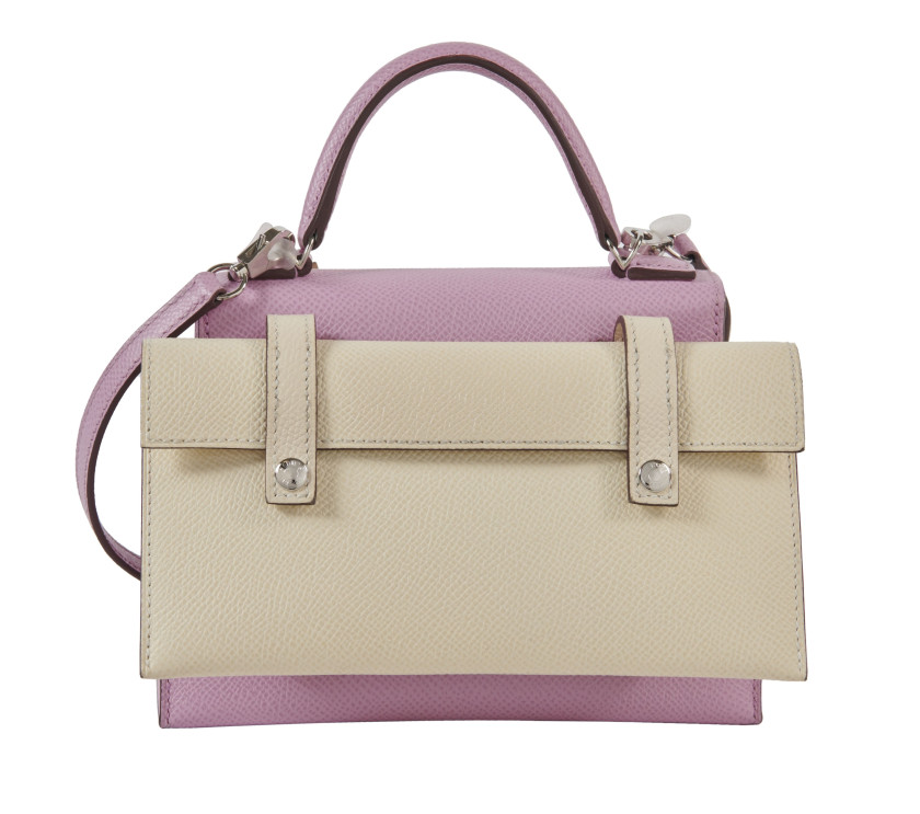 HERMÈS Édition Limitée 2022  Sac KELLY DOLL PICTO Veau Epsom Mauve Sylvestre, Nata, Lime et Chai Garniture métal argenté...