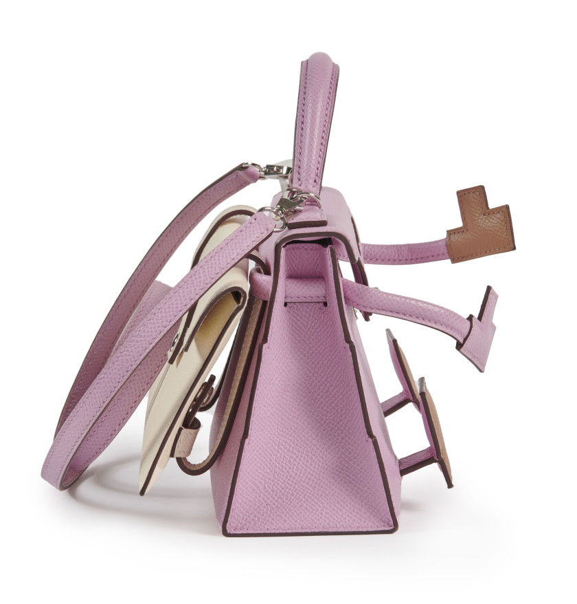 HERMÈS Édition Limitée 2022  Sac KELLY DOLL PICTO Veau Epsom Mauve Sylvestre, Nata, Lime et Chai Garniture métal argenté...