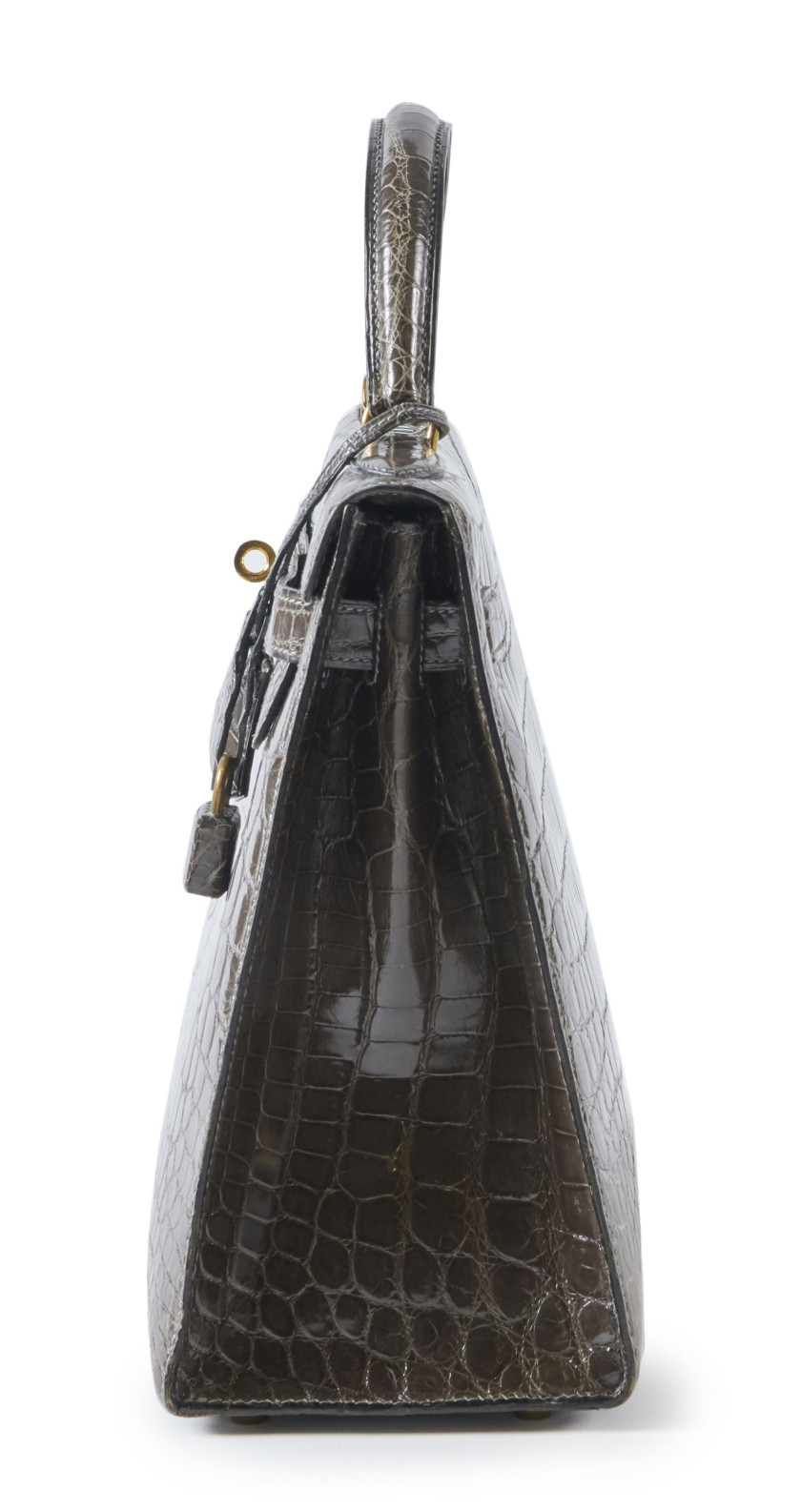 HERMÈS 1982  Sac KELLY Sellier 32 Crocodile du Nil lisse gris (Crocodylus niloticus) II/B Garniture métal plaqué or R...