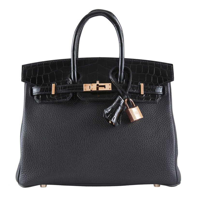 HERMÈS Édition Limitée 2020  Sac BIRKIN TOUCH 25 Taurillon Novillo et crocodile du Nil lisse noir (Crocodylus niloticus)...