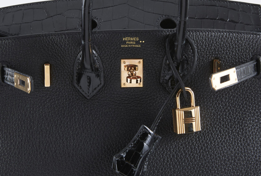 HERMÈS Édition Limitée 2020  Sac BIRKIN TOUCH 25 Taurillon Novillo et crocodile du Nil lisse noir (Crocodylus niloticus)...