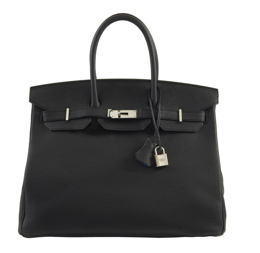 HERMÈS Édition Limitée 2017  Sac BIRKIN VERSO 35  Taurillon Clémence noir Intérieur en chèvre Bleu Agate Garniture mét...