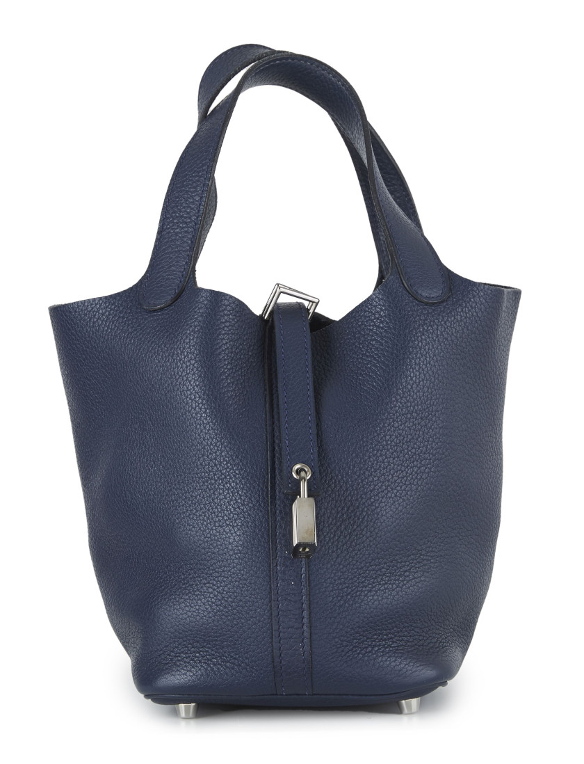 HERMÈS 2010  Sac PICOTIN LOCK 18 Taurillon Clémence Bleu Nuit Garniture métal argenté palladié  PICOTIN LOCK 18 bag ...