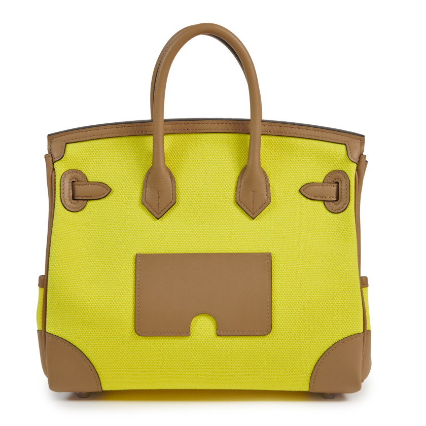 HERMÈS Édition Limitée 2022  Sac BIRKIN CARGO 25 Toile Jaune Citron et veau Swift Chai Garniture métal argenté palladié...