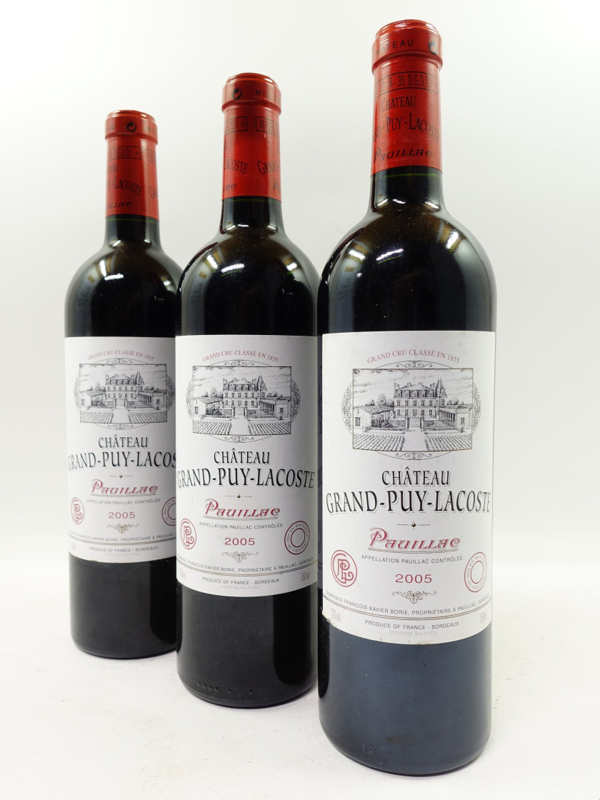 3 bouteilles CHÂTEAU GRAND PUY LACOSTE 2005 5è GC Pauillac (étiquettes léger fanées