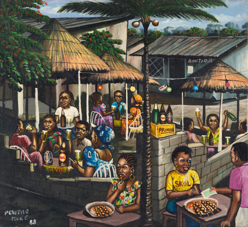 MOKÉ (Monsengwo Kejwamfi dit) 1950-2001 - République Démocratique du Congo Scène de bar à Kinshasa, 1988 Huile sur toile