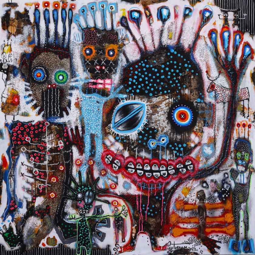 Médéric TURAY Né en 1979 - Côte d'Ivoire Childhood memories, 2023 Huile, acrylique, pastel gras et collages sur toile