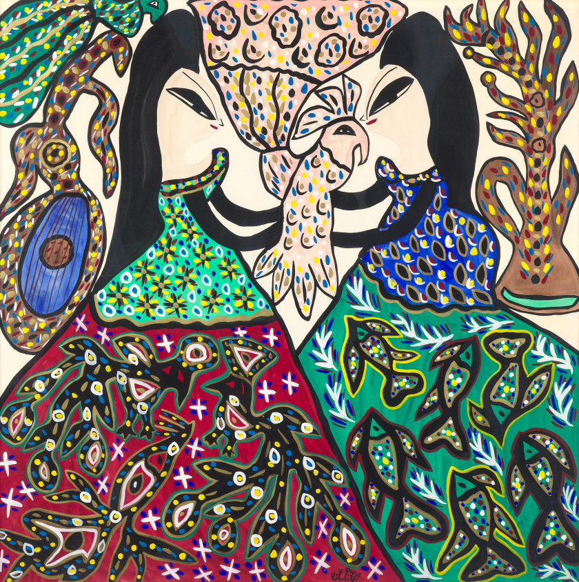 BAYA 1931-1998 - Algérie Femmes aux oiseaux, 1973 Gouache sur papier