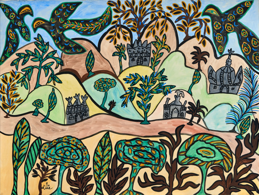 BAYA 1931-1998 - Algérie Paysage aux oiseaux, 1965 Gouache sur papier