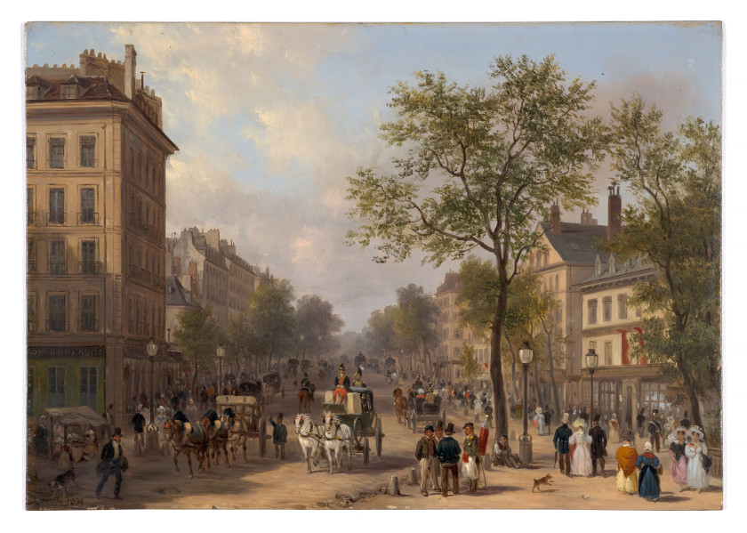 Giuseppe CANELLA Vérone, 1788 - Florence, 1847 Le boulevard des Italiens, Paris Huile sur carton