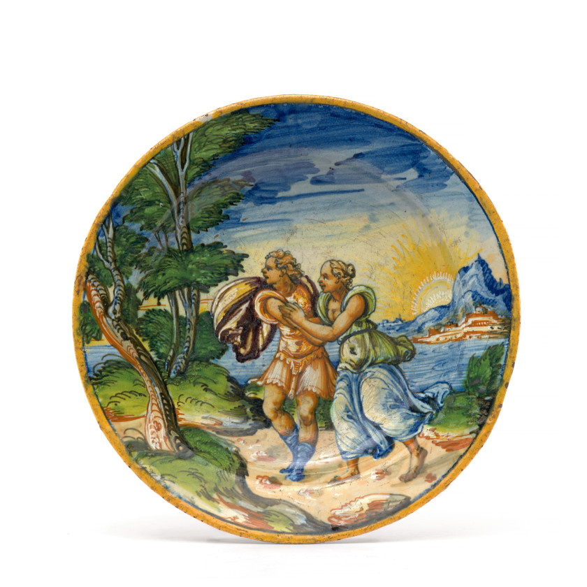 PLAT ROND EN MAJOLIQUE DE VENISE DE LA FIN DU XVIe SIÈCLE  Vers 1580