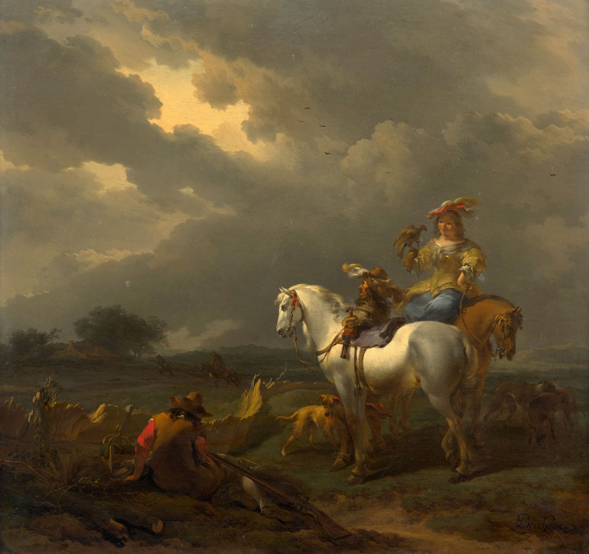 Nicolaes BERCHEM Haarlem, 1620 - Amsterdam, 1683 Halte de chasse au faucon Huile sur panneau de chêne, une planche