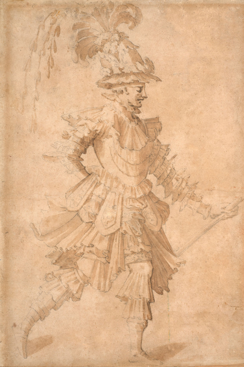 Seconde école de Fontainebleau  Personnage en costume de théâtre Lavis brun sur trait de crayon