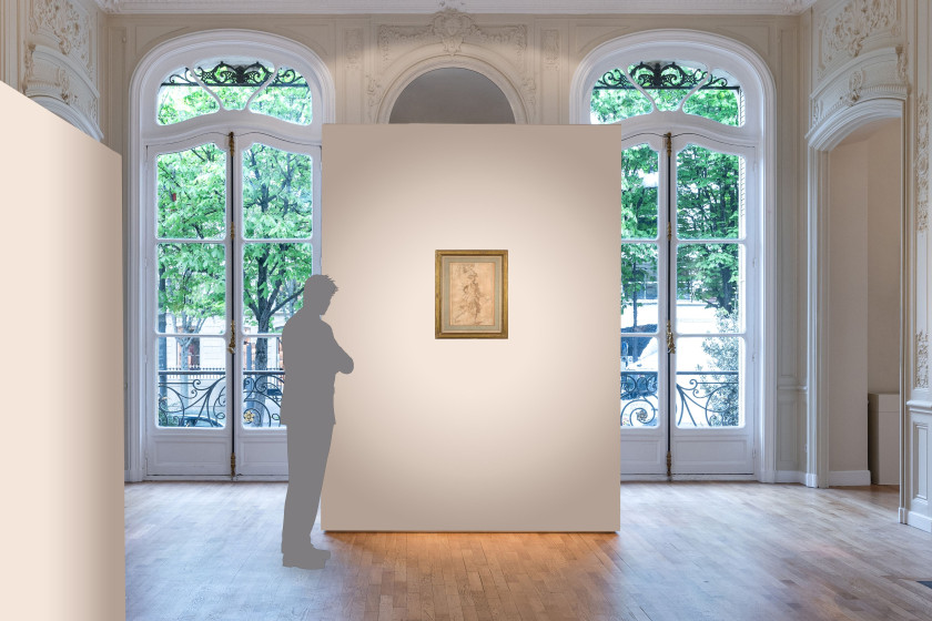 Seconde école de Fontainebleau  Personnage en costume de théâtre Lavis brun sur trait de crayon