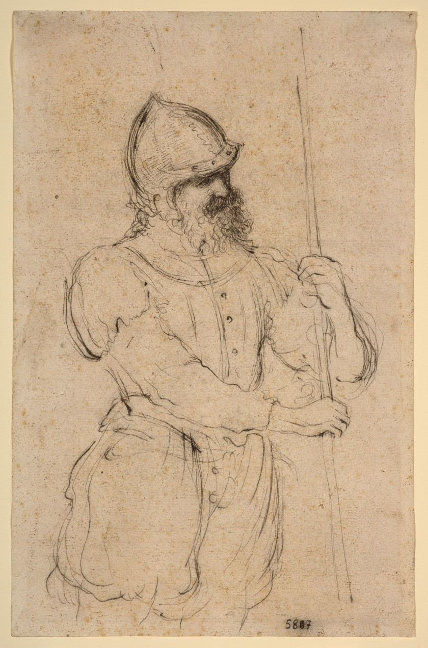 Giovanni Francesco BARBIERI, dit Il GUERCINO Cento, 1591 - Bologne, 1666 Etude de soldat tenant une lance Plume et encre brune