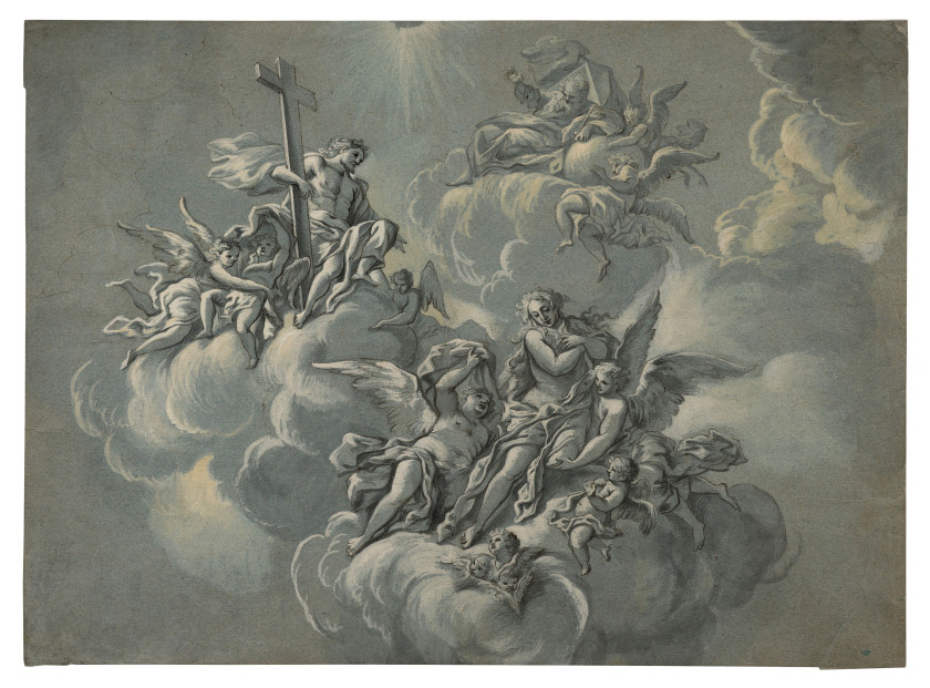 Carlo CARLONE Scaria, 1686 - Côme, 1775 Etude de plafond présentant le Ravissement de Marie Madeleine, le Christ et Dieu le père Plu...