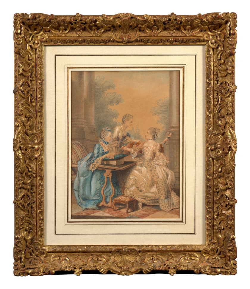 Louis CARROGIS, dit CARMONTELLE Paris, 1717 - 1806 Trois dames de qualité à leurs ouvrages sur une terrasse Aquarelle gouachée sur t...