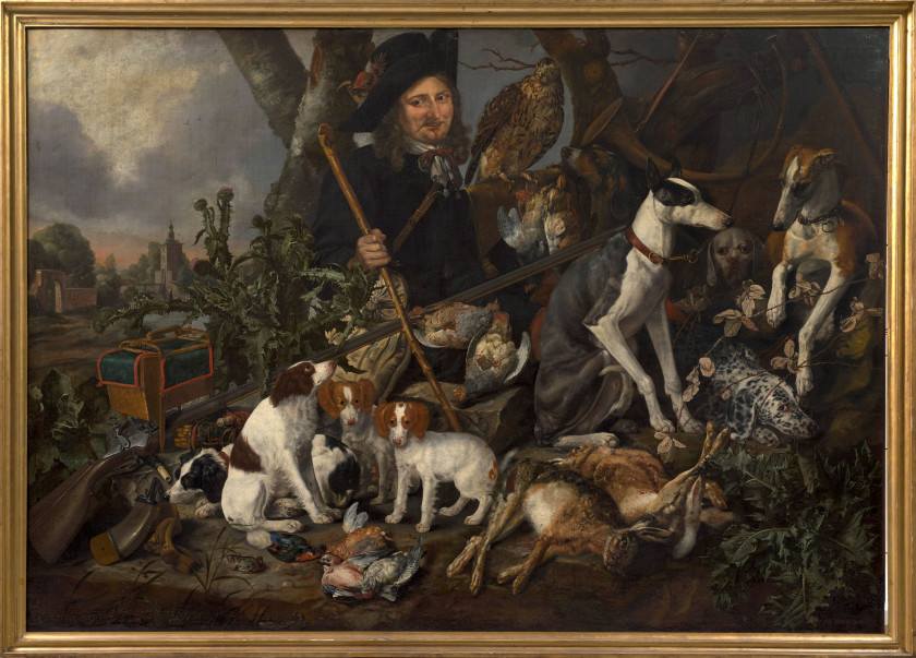 Carstiaen LUYCKS Anvers, 1623 - 1658 Gentilhomme chasseur avec sa meute de chiens et ses trophées de chasse Huile sur toile