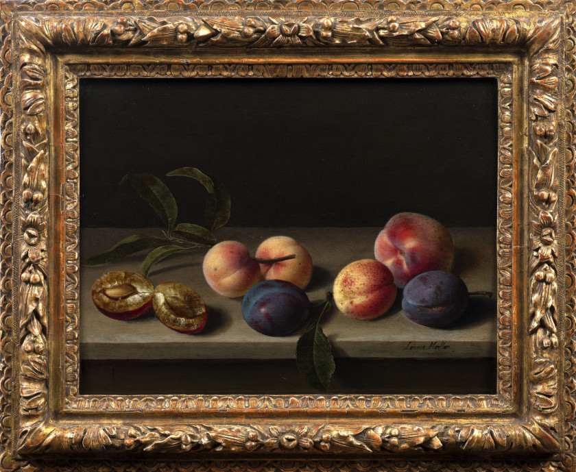 Louyse MOILLON Paris, 1610 - 1696 Nature morte aux fruits, pêches, abricots et prunes dont une ouverte, posés sur une table de bois...
