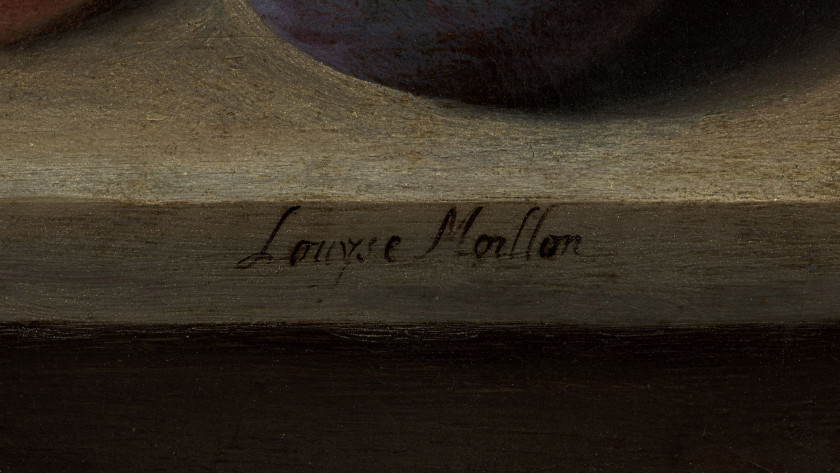 Louyse MOILLON Paris, 1610 - 1696 Nature morte aux fruits, pêches, abricots et prunes dont une ouverte, posés sur une table de bois...