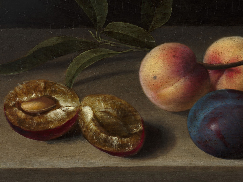 Louyse MOILLON Paris, 1610 - 1696 Nature morte aux fruits, pêches, abricots et prunes dont une ouverte, posés sur une table de bois...