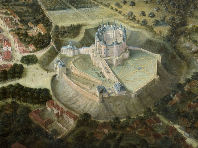 Ecole française du XVIIe siècle Entourage d'Adam van der Meulen Vue du château et du village de Seignelay, Bourgogne Huile sur toile