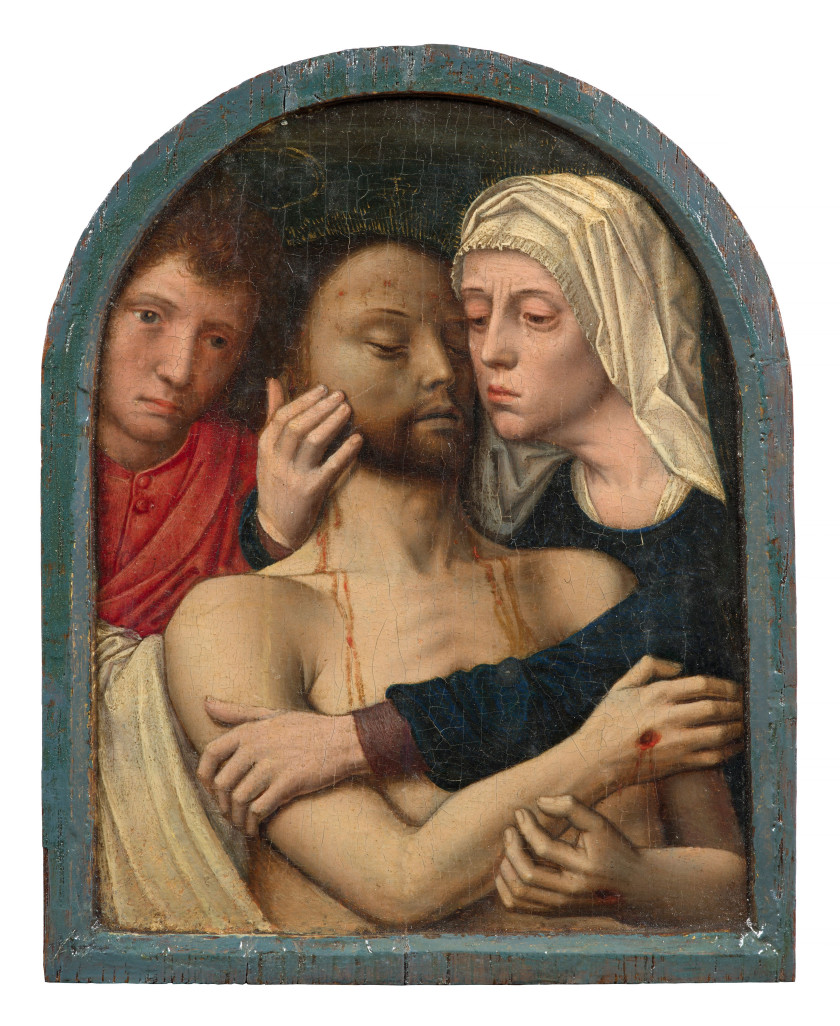 Pays-Bas, XVIe siècle  La Vierge et saint Jean entourant le Christ mort, d'après Gerard David Huile et or sur panneau de chêne, cint..