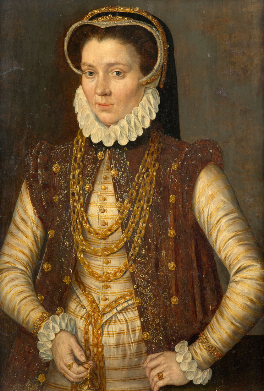 Attribué à Anthonis MOR Utrecht, vers 1520 - Anvers, vers 1575 Portrait d'une dame de qualité Huile sur panneau de chêne, une planch..