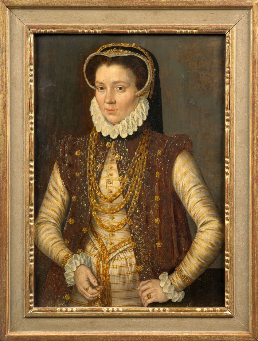 Attribué à Anthonis MOR Utrecht, vers 1520 - Anvers, vers 1575 Portrait d'une dame de qualité Huile sur panneau de chêne, une planch..