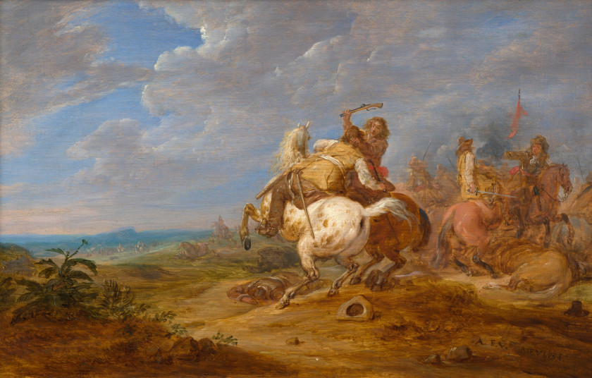 Adam-François van der MEULEN Bruxelles, 1632 - Paris, 1690 Combat de cavalerie Huile sur panneau de chêne, une planche