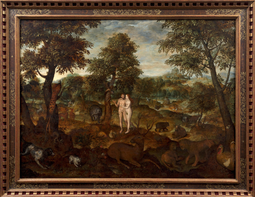 Ecole des Pays-Bas du Sud, XVIe siècle Entourage de Lucas van Gassel Le Paradis terrestre, Adam et Eve et les animaux de la création...