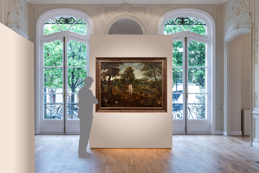 Ecole des Pays-Bas du Sud, XVIe siècle Entourage de Lucas van Gassel Le Paradis terrestre, Adam et Eve et les animaux de la création...