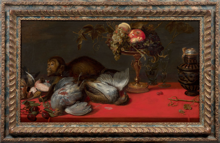 Ecole flamande du XVIIe siècle   Atelier de Frans Snyders Singe, gibiers et coupe de fruits Huile sur panneau, deux planches