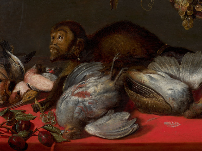 Ecole flamande du XVIIe siècle   Atelier de Frans Snyders Singe, gibiers et coupe de fruits Huile sur panneau, deux planches