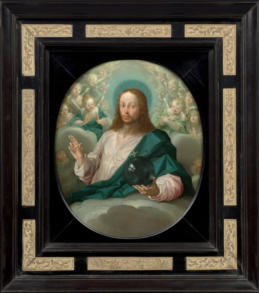 Ecole de Prague vers 1600  Le Christ Salvator Mundi entouré d'anges Huile sur cuivre de forme ovale