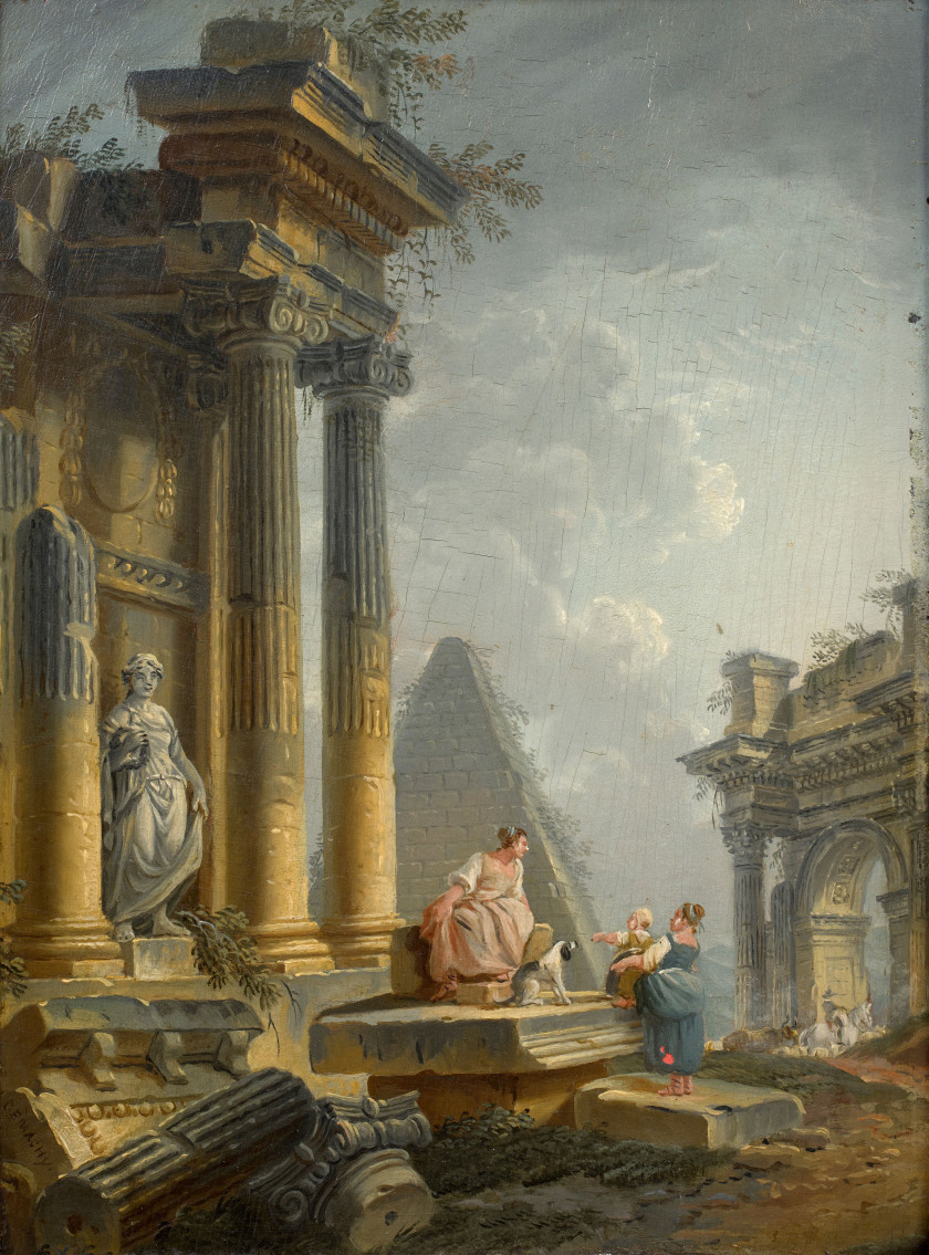 Pierre-Antoine DEMACHY Paris, 1723 - 1807 Caprices architecturaux animés de personnages, l'un avec la pyramide de Caius Cestus, l'au.