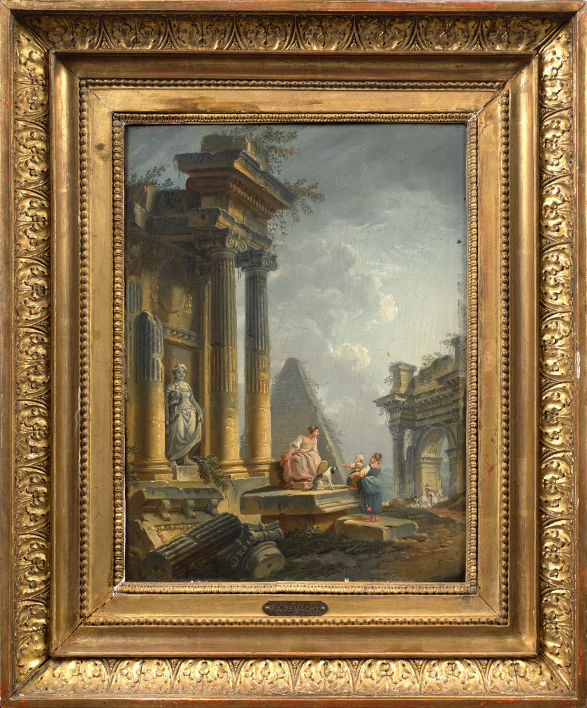 Pierre-Antoine DEMACHY Paris, 1723 - 1807 Caprices architecturaux animés de personnages, l'un avec la pyramide de Caius Cestus, l'au.