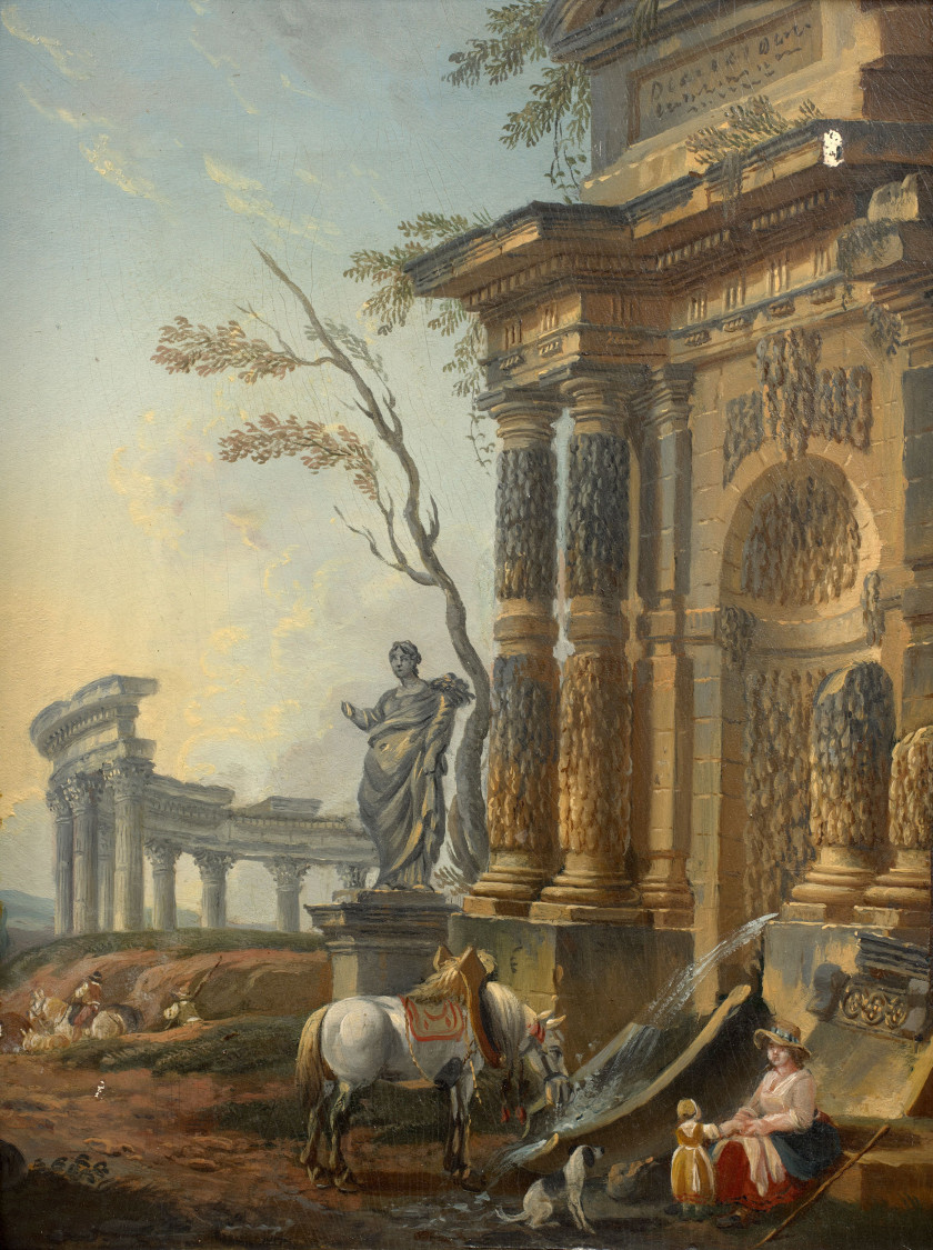 Pierre-Antoine DEMACHY Paris, 1723 - 1807 Caprices architecturaux animés de personnages, l'un avec la pyramide de Caius Cestus, l'au.