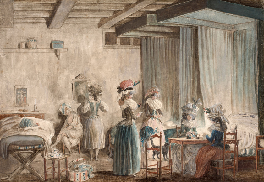 Nicolas LAFRENSEN, dit LAVREINCE Stockholm, 1737 - 1807 La toilette des dames de compagnie Aquarelle gouachée sur trait de crayon no...