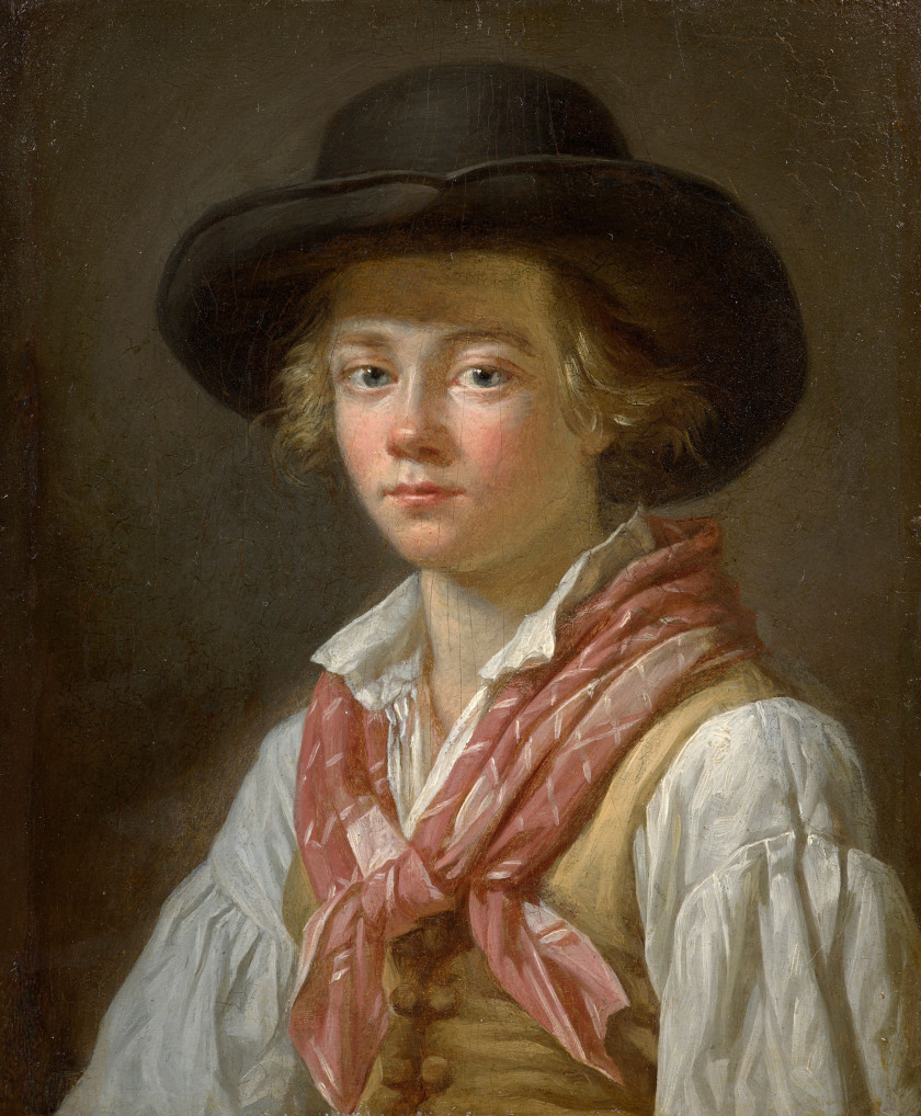 Marc-Antoine BILCOCQ Paris, 1755 - 1838 Portrait d'homme au chapeau noir et Portrait de femme au fichu blanc et au ruban rose Paire...