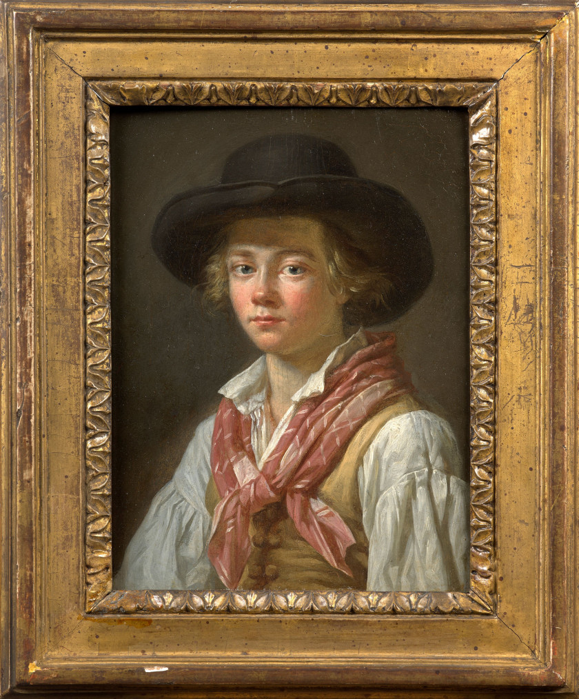 Marc-Antoine BILCOCQ Paris, 1755 - 1838 Portrait d'homme au chapeau noir et Portrait de femme au fichu blanc et au ruban rose Paire...