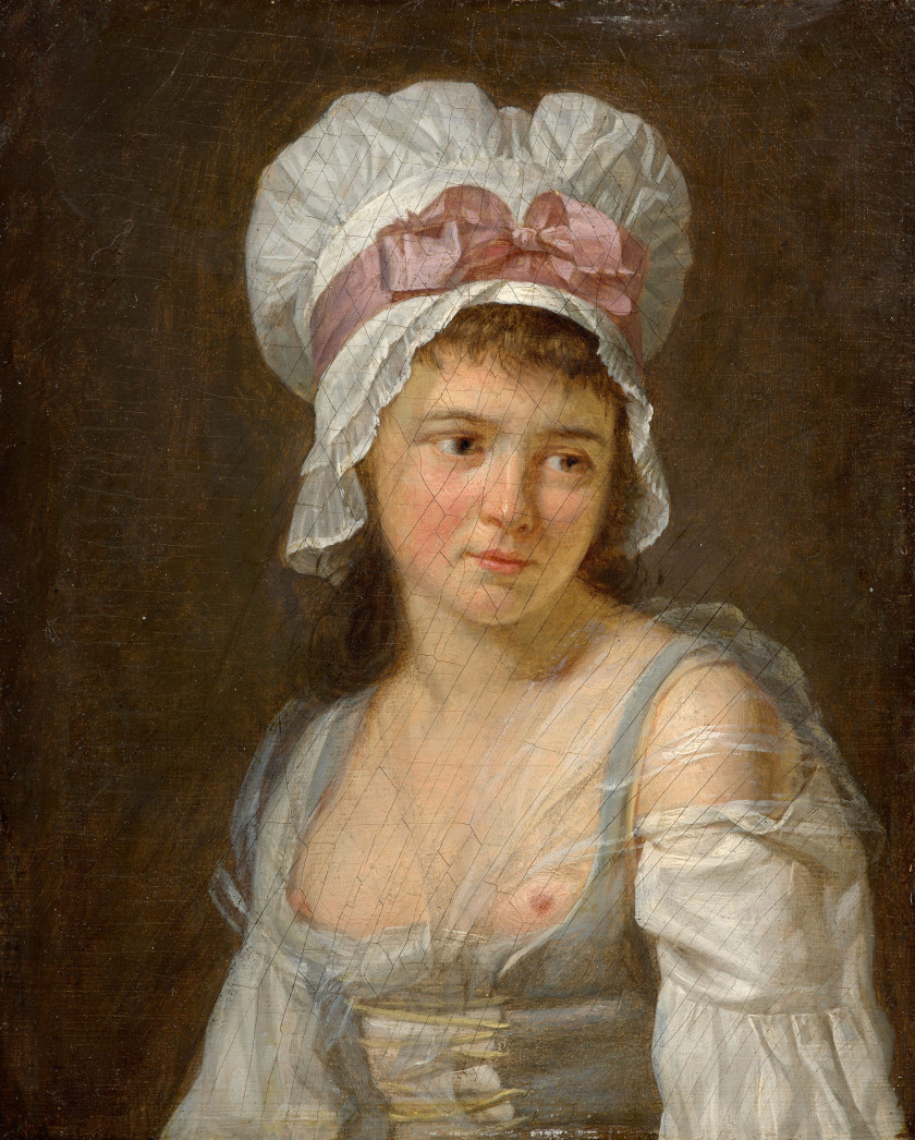 Marc-Antoine BILCOCQ Paris, 1755 - 1838 Portrait d'homme au chapeau noir et Portrait de femme au fichu blanc et au ruban rose Paire...