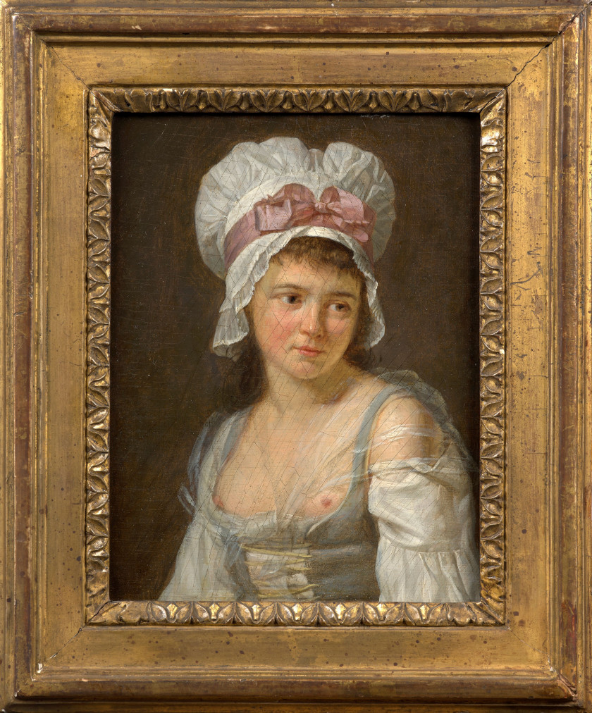 Marc-Antoine BILCOCQ Paris, 1755 - 1838 Portrait d'homme au chapeau noir et Portrait de femme au fichu blanc et au ruban rose Paire...