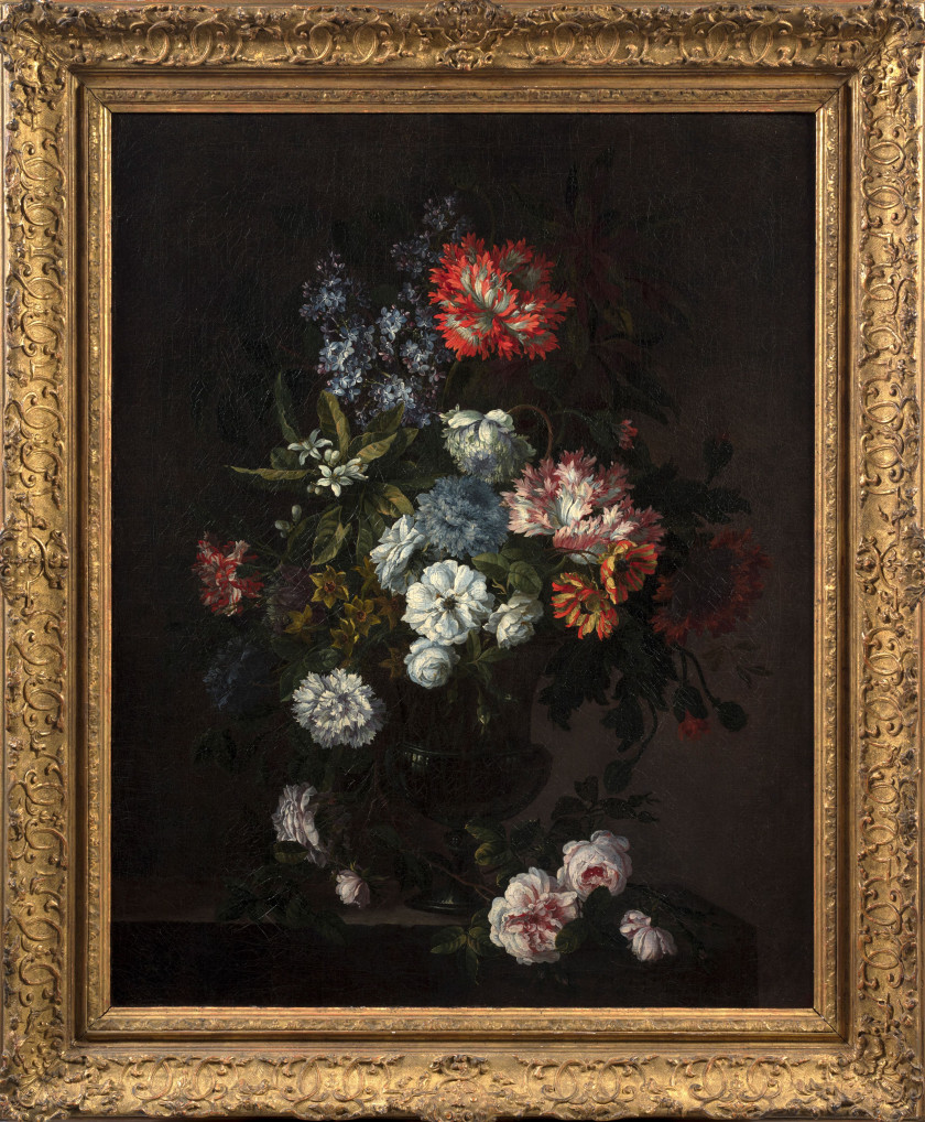 ¤ Antoine MONNOYER Paris, 1677 - Saint-Germain-en-Laye, 1745 Vases de fleurs sur des entablements de pierre Paire d'huiles sur toiles