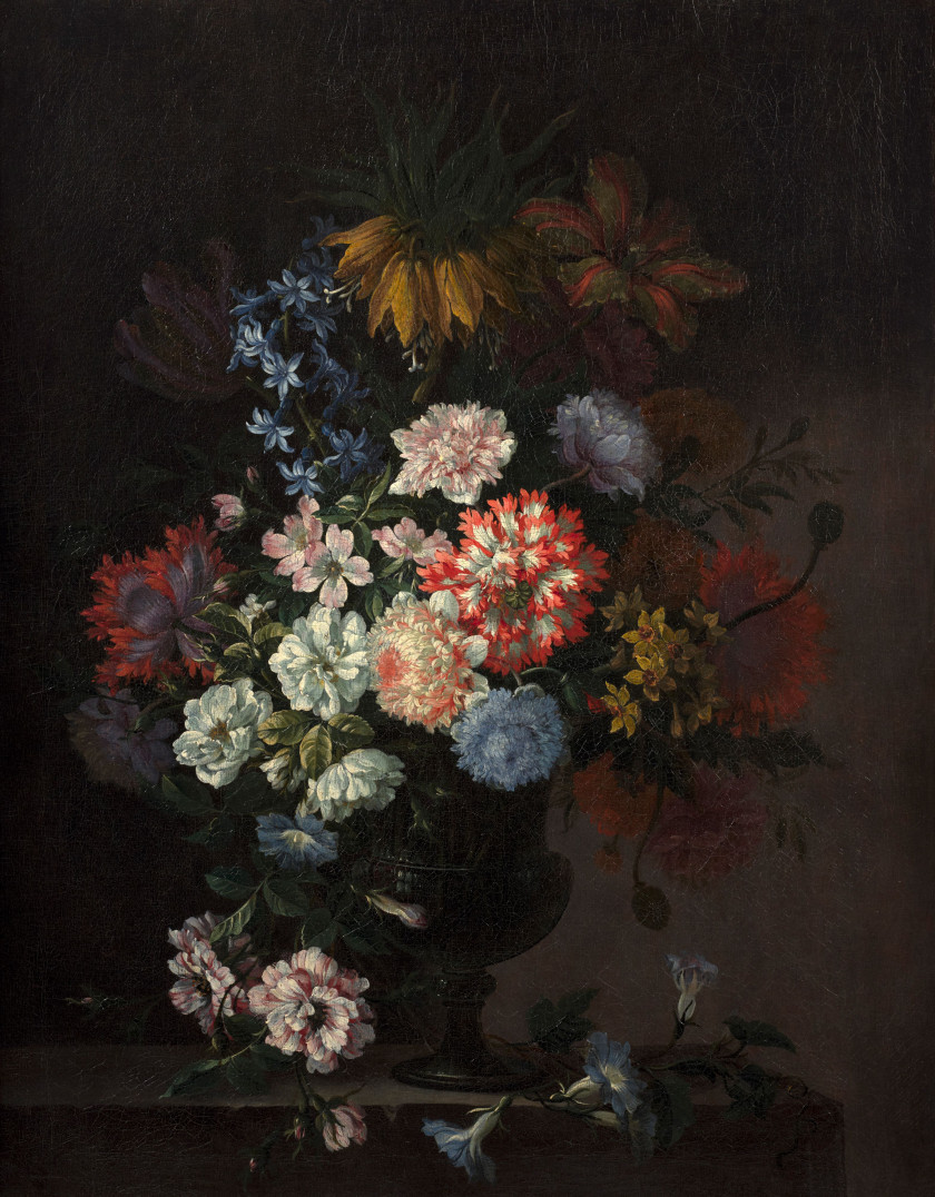 ¤ Antoine MONNOYER Paris, 1677 - Saint-Germain-en-Laye, 1745 Vases de fleurs sur des entablements de pierre Paire d'huiles sur toiles